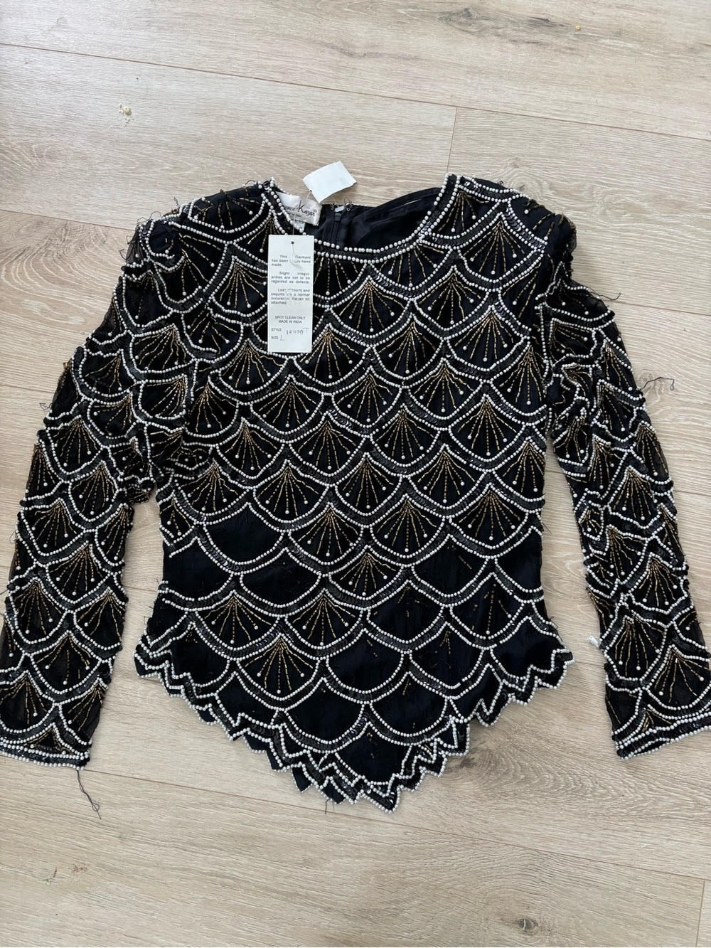 NWT Vintage Laurence Kazar Black Beaded Scallop-Pattern Long Sleeve Top